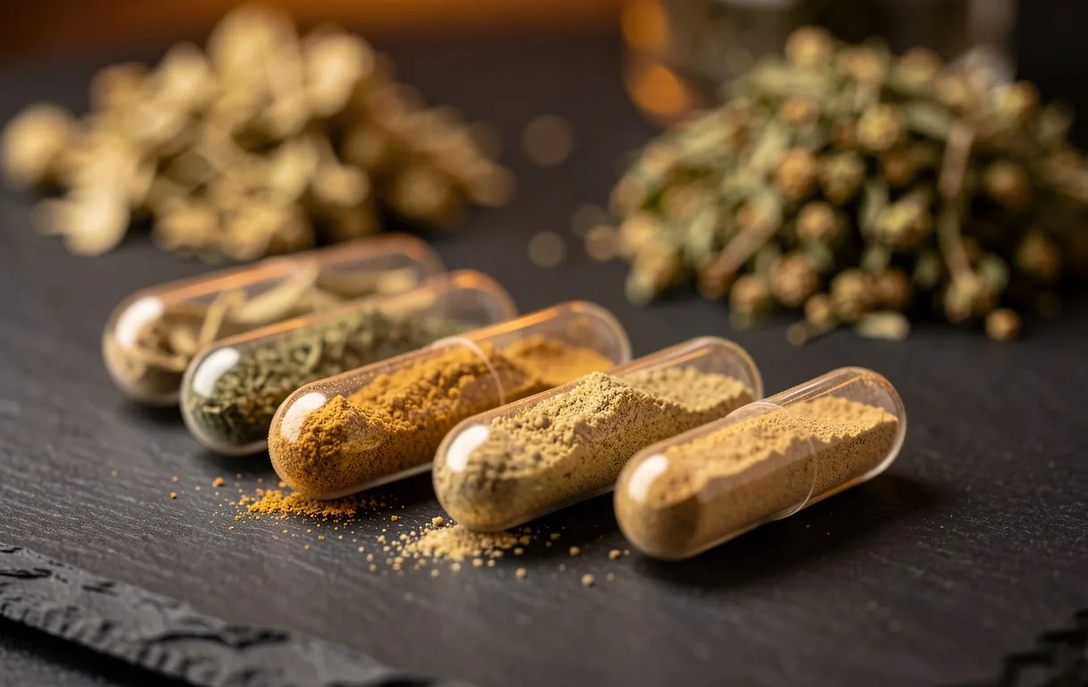 Natural supplement capsules on a dark surface