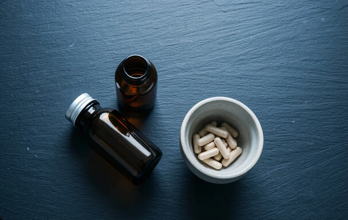 Supplement bottles and capsules arranged on a dark table