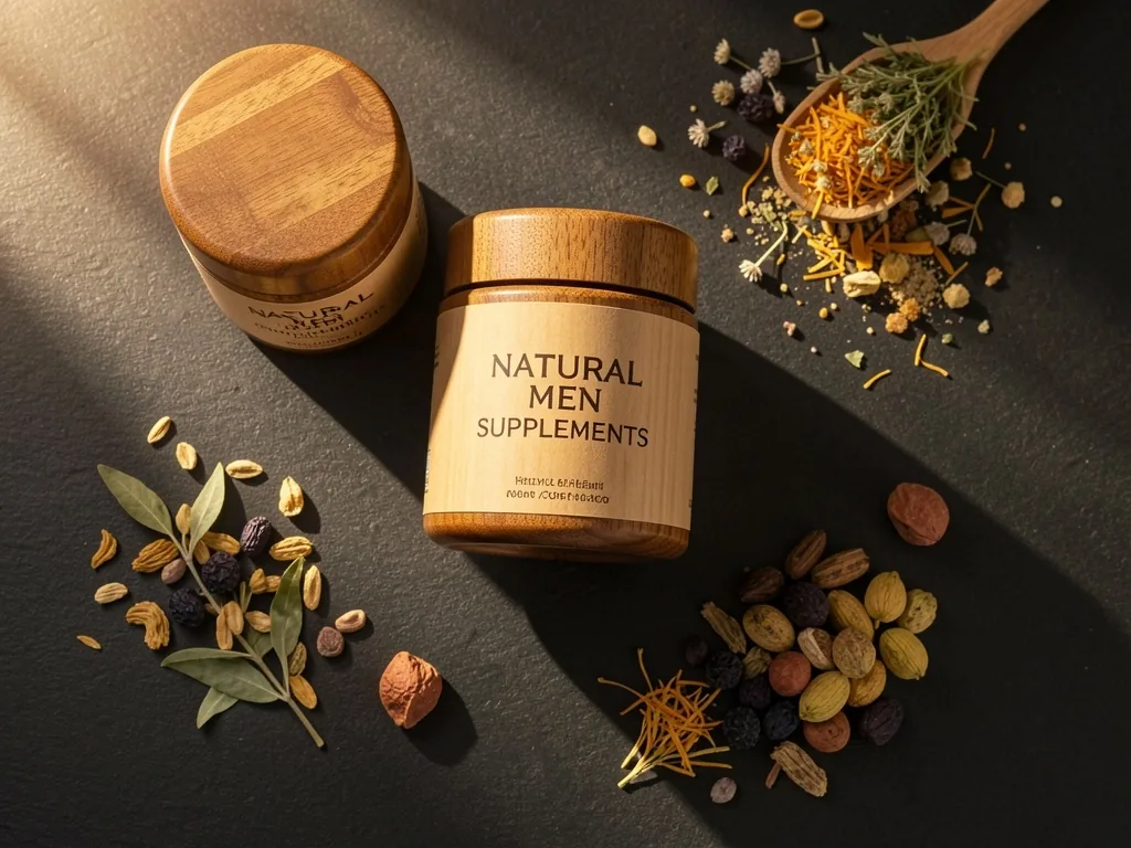 Natural wellness supplements arranged on a dark surface