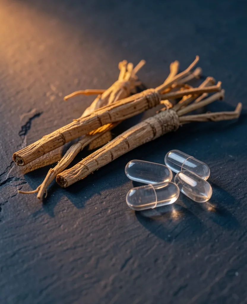 Natural supplement ingredients on a dark surface