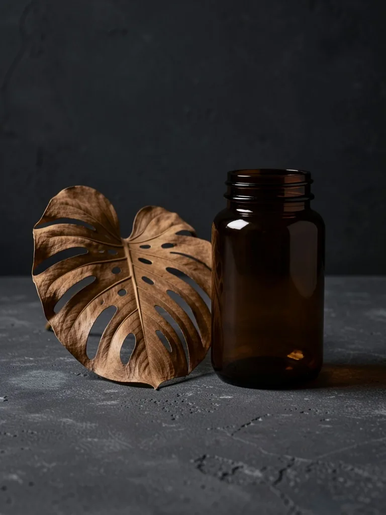 Dried tropical leaf and amber jar on concrete