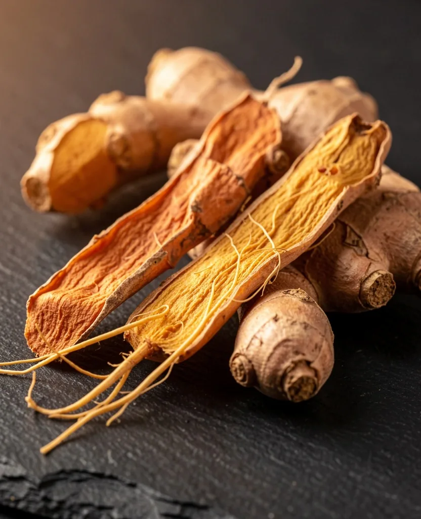 Dried turmeric and ginger root on dark surface