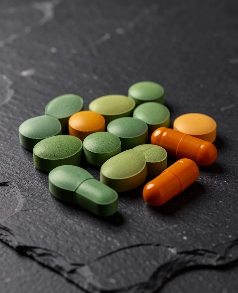 Clear capsules with vitamin powders on dark slate