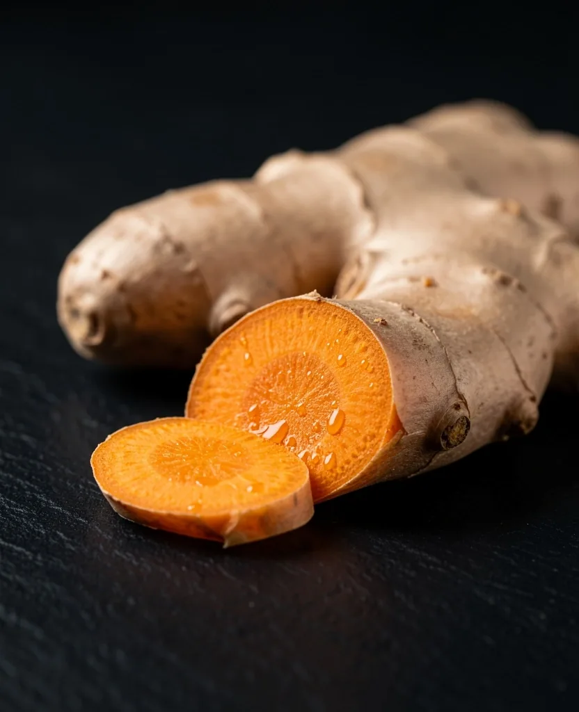 Fresh turmeric and ginger roots on a dark surface