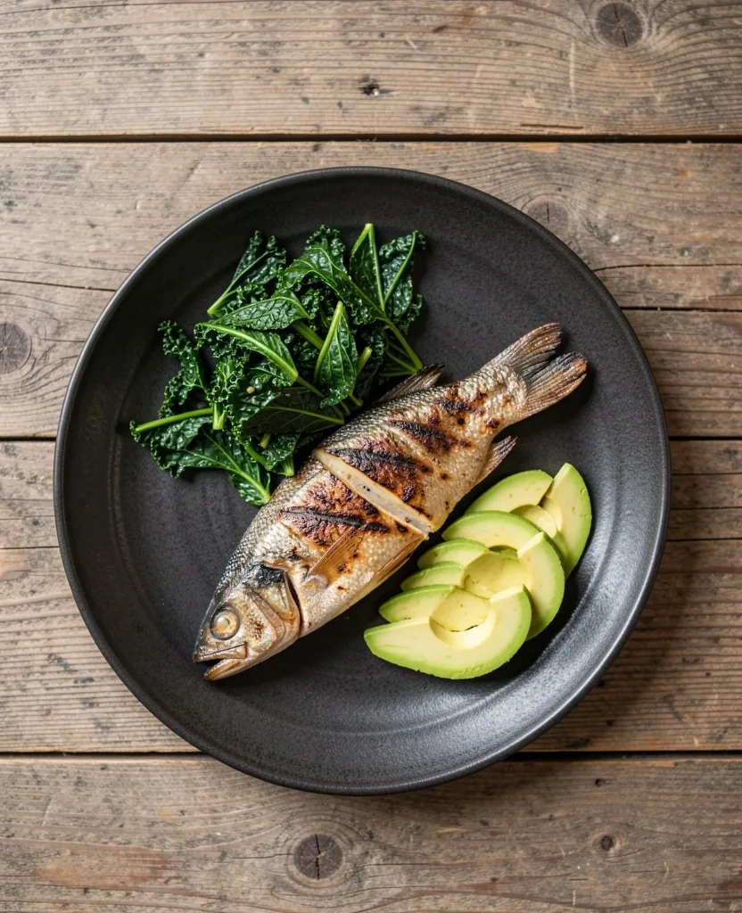 Balanced meal plate with fish, greens, and avocado