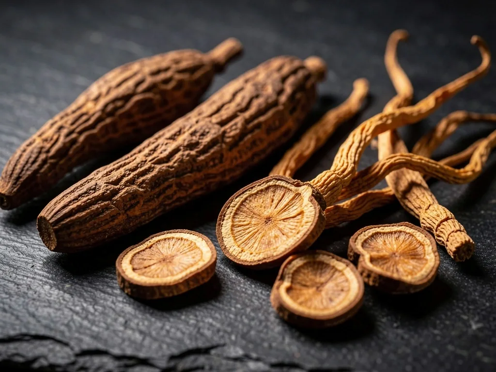 Dried maca root and cordyceps mushrooms on stone