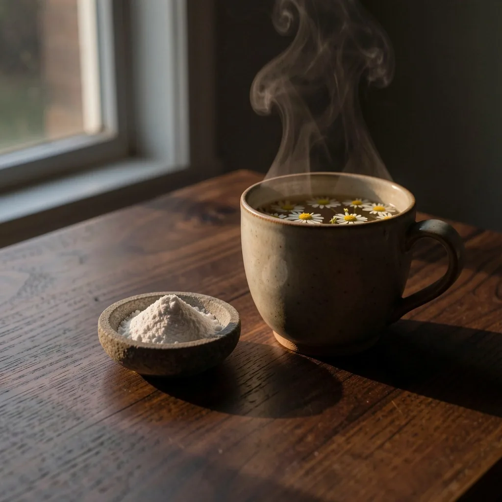 Herbal tea and magnesium on a dark table