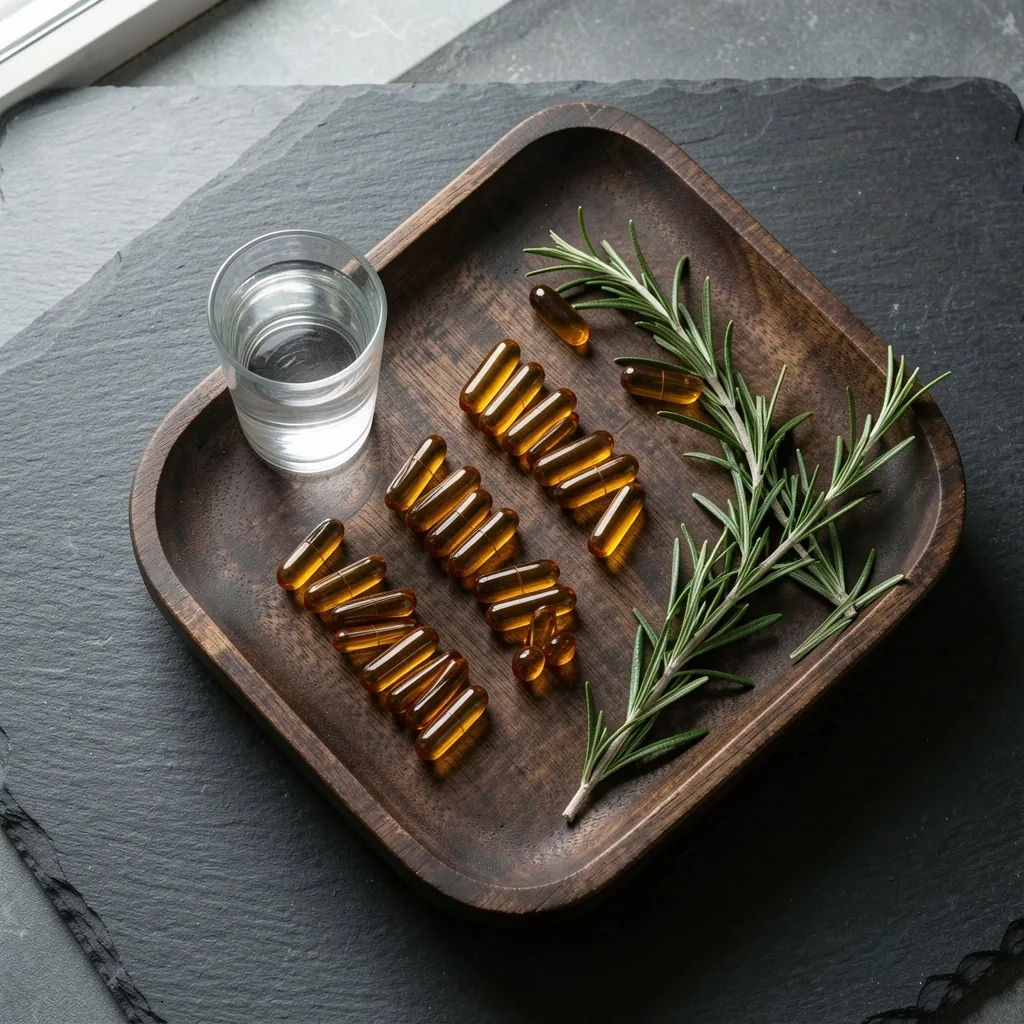 Natural supplement capsules arranged on a wooden tray