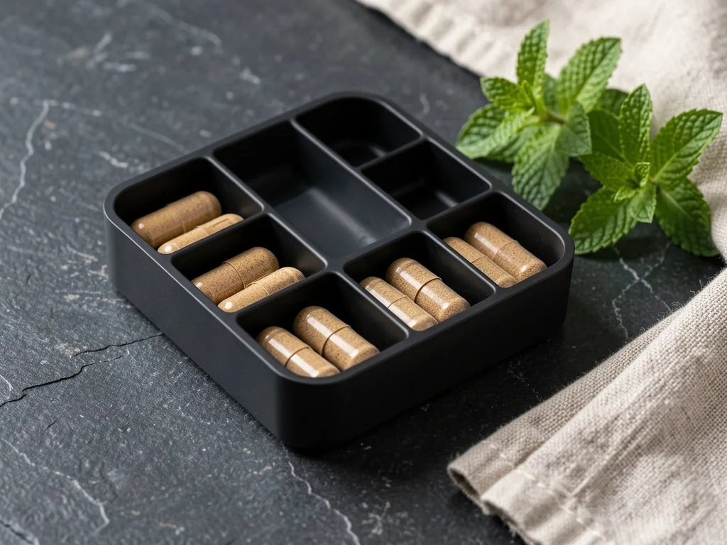 Weekly supplement organizer on a dark counter