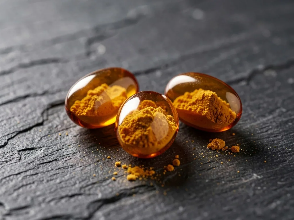 Amber supplement capsule on a dark surface