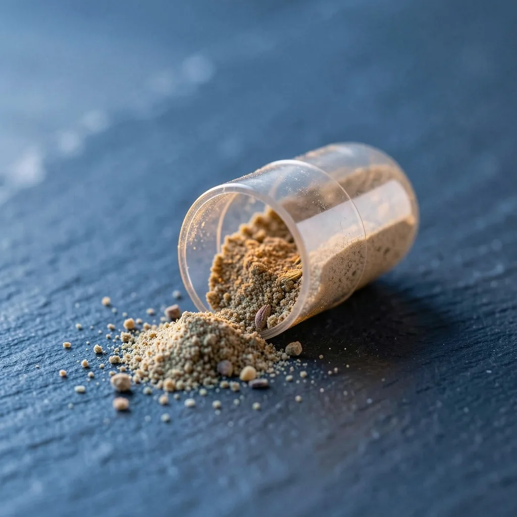 A plant-based capsule with botanical powder on a dark surface