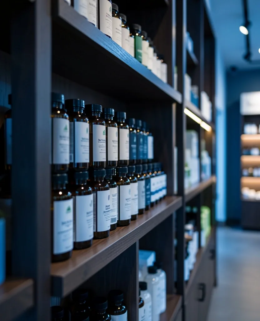 Natural supplement bottles arranged on dark shelving