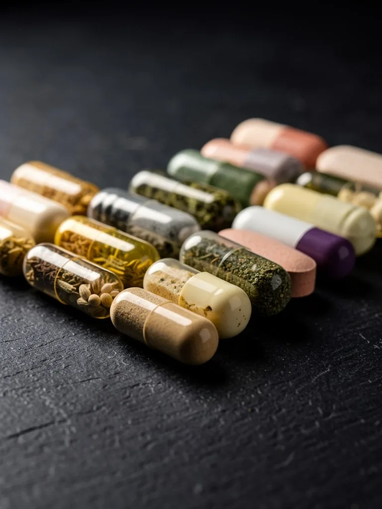 Natural supplement capsules arranged on a dark surface