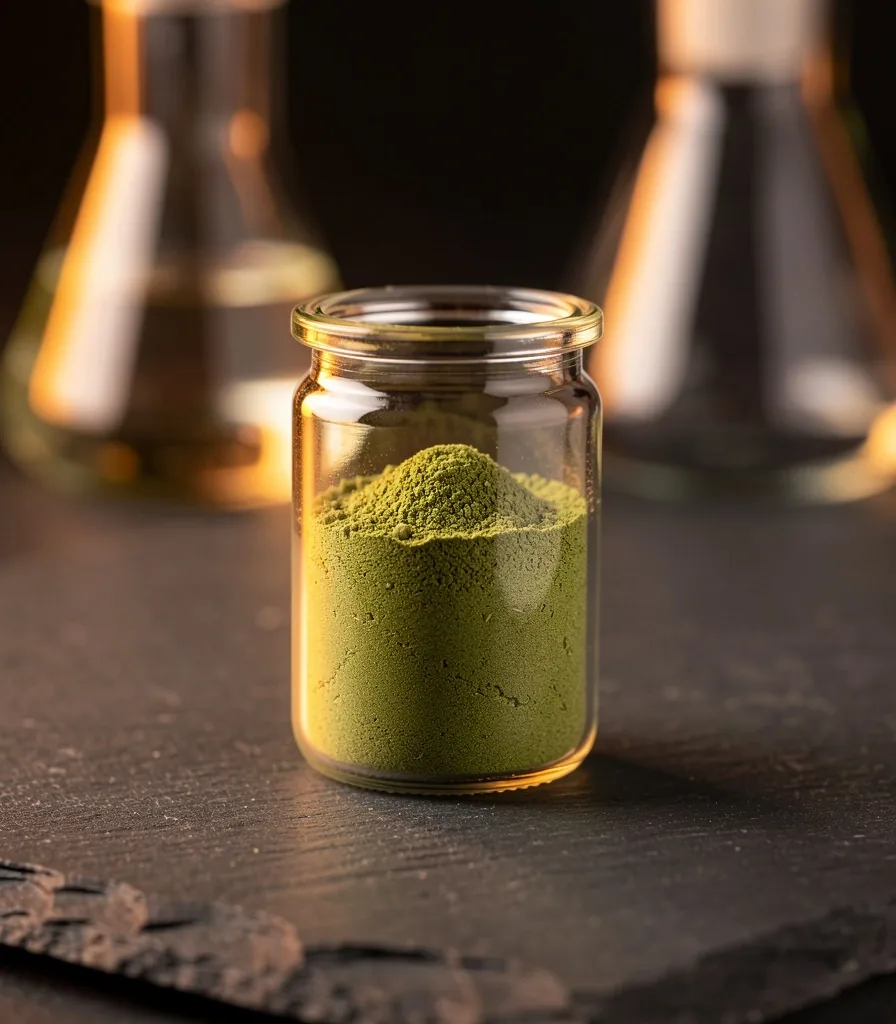Herbal ingredient powder in laboratory glassware